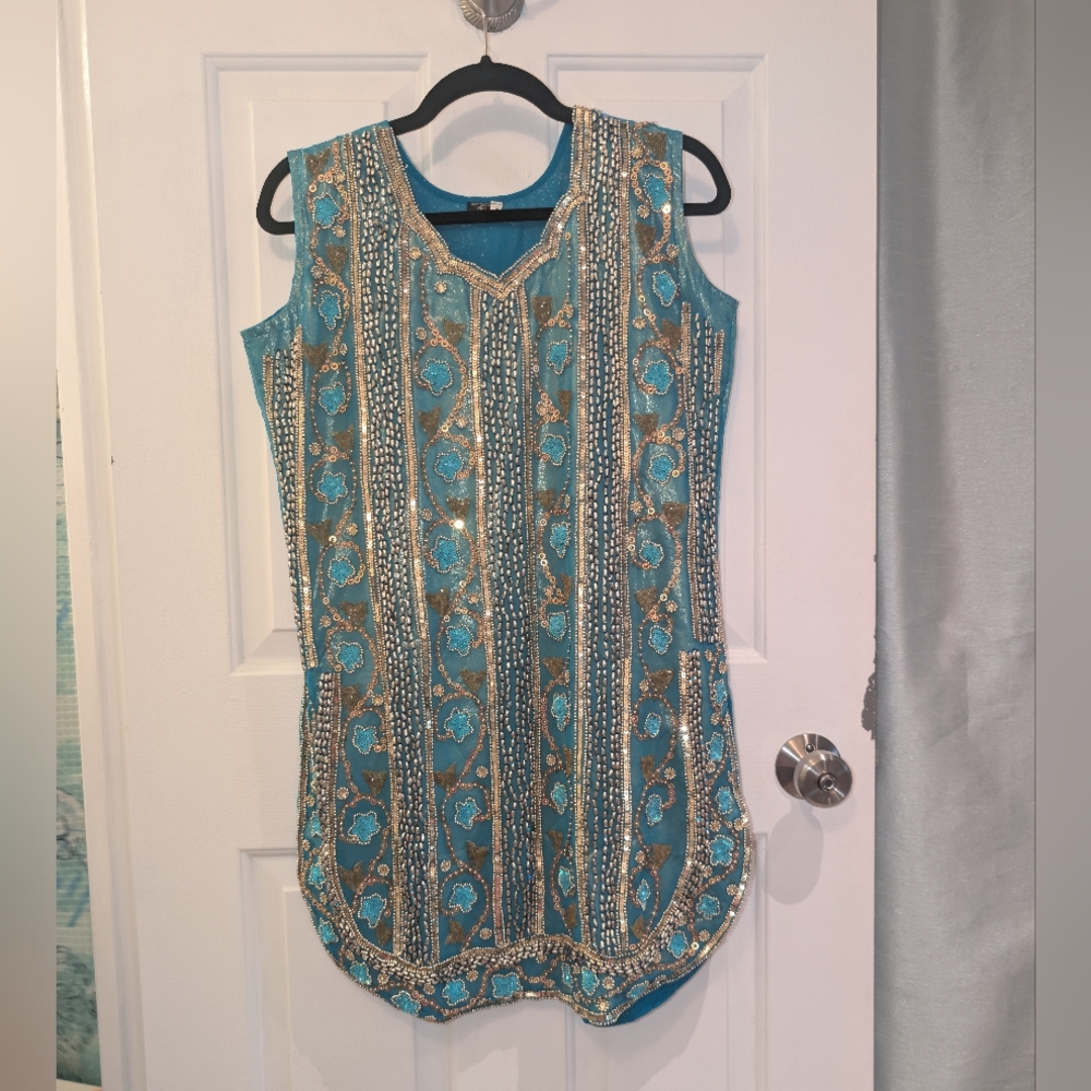 Embellished Blue and Gold Sleeveless Tunic